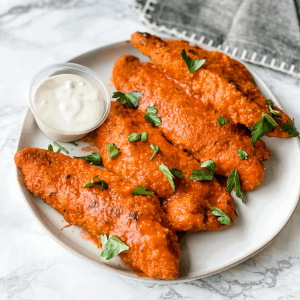 Buffalo Chicken Tenders with Homemade Low Calorie Blue Cheese Dressing
