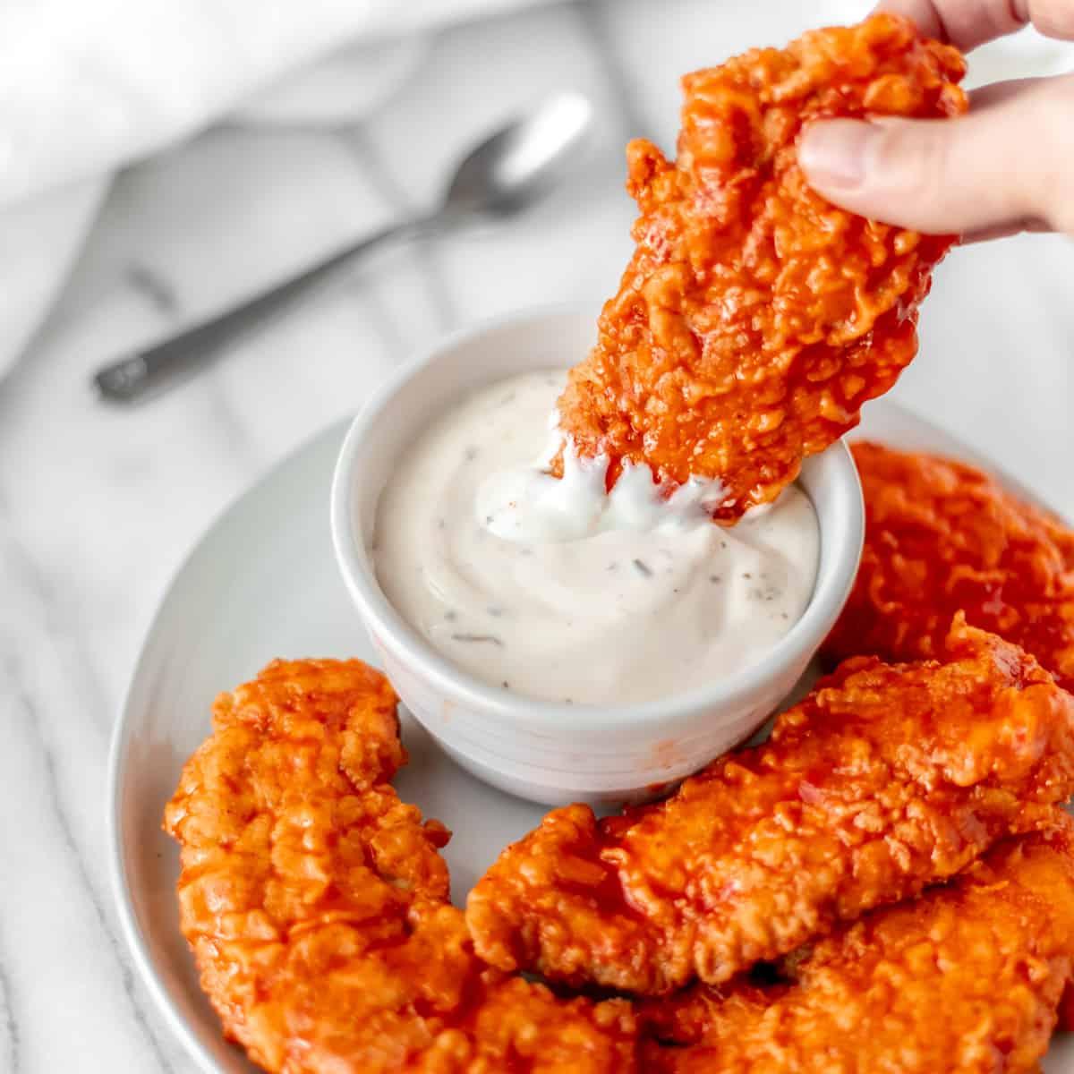 Buffalo Chicken Tenders with Homemade Low Calorie Blue Cheese Dressing