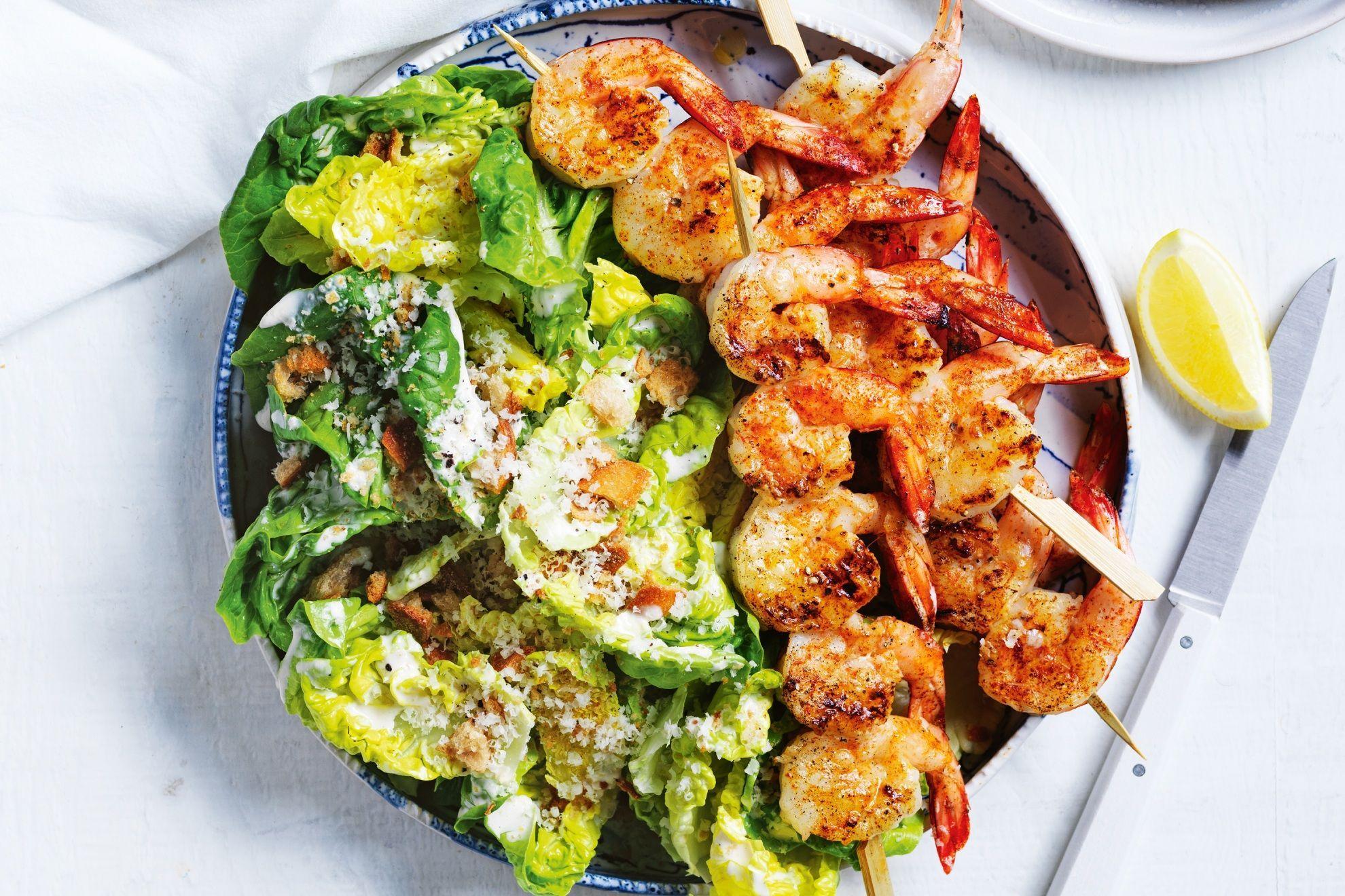 Caesar Salad with Blackened Grilled Shrimp and Homemade Garlic Croutons
