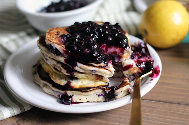 Light Blueberry-Ricotta Pancakes with Blueberry Sauce