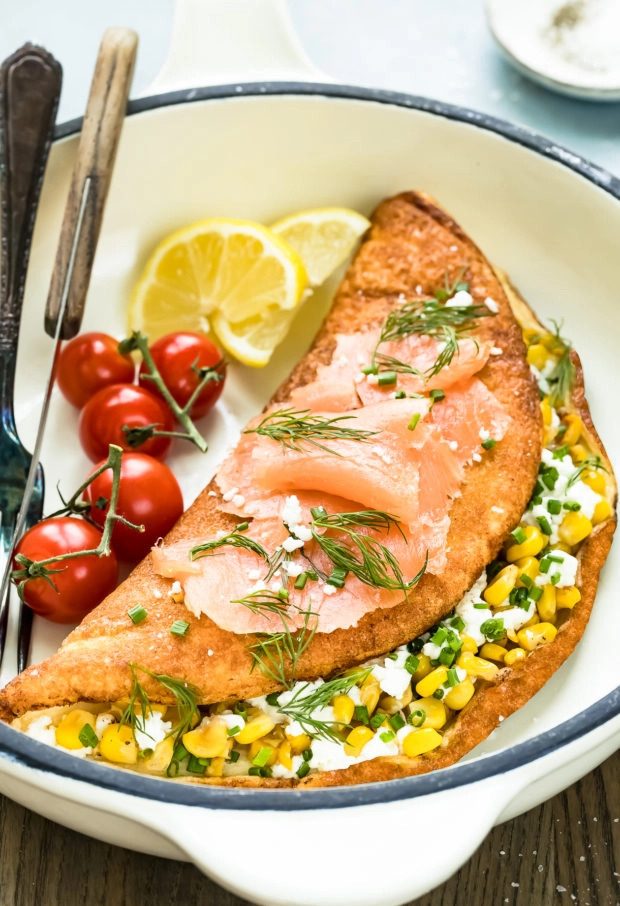 Low Fat Fluffy Omelettes with Corn and Goat Cheese